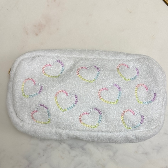 Stoney Clover Lane White Terry Small Pouch with Embroidered Hearts - Picture 1 of 12